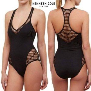 Kenneth Cole NWOT racer back one piece swim suit sexy mesh sporty beach summer S